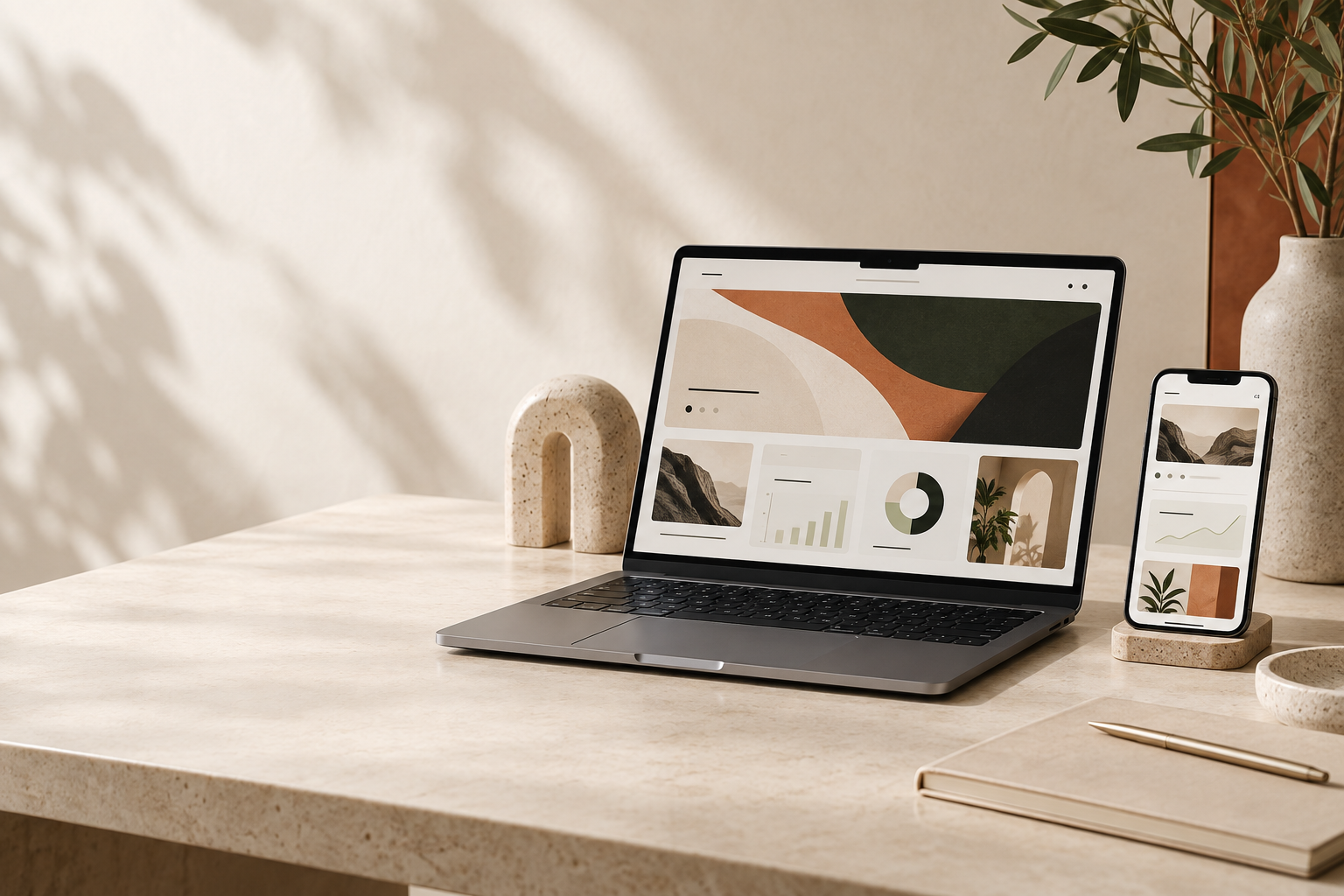 Laptop and phone showing a modern web template in a warm studio